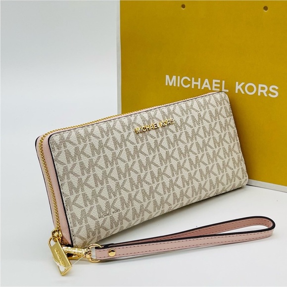 Michael Kors Jet Set Travel Large Logo Continental Wristlet vanilla Powder Blush - Picture 1 of 12